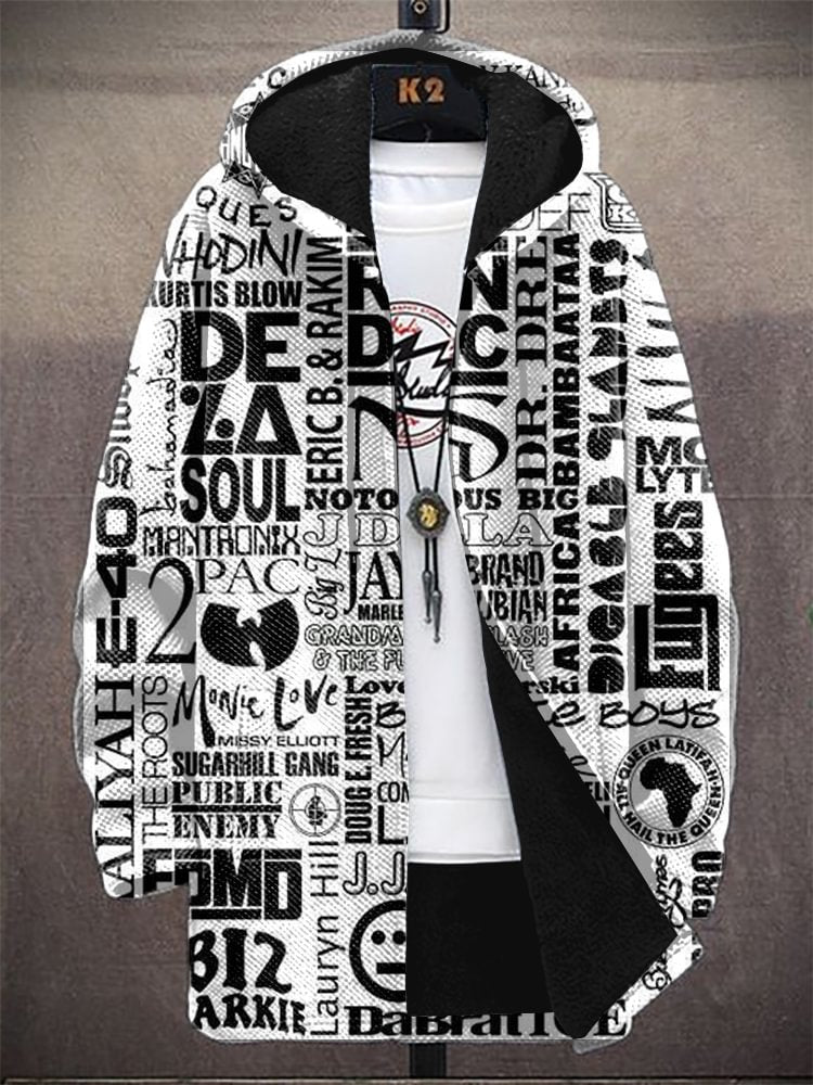 Men's Music Soul Letter Street Graffiti Art Print Fleece Lined Hooded Trench Coat