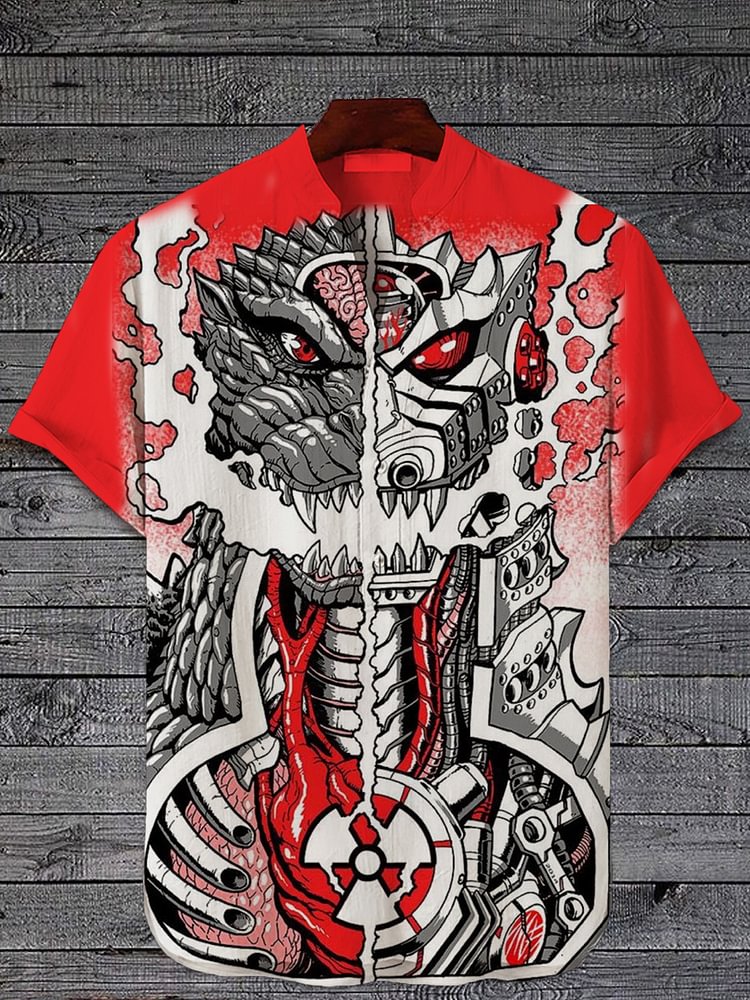 Men's Casual Mecha Dragon Print Half Button Short Sleeve Shirt