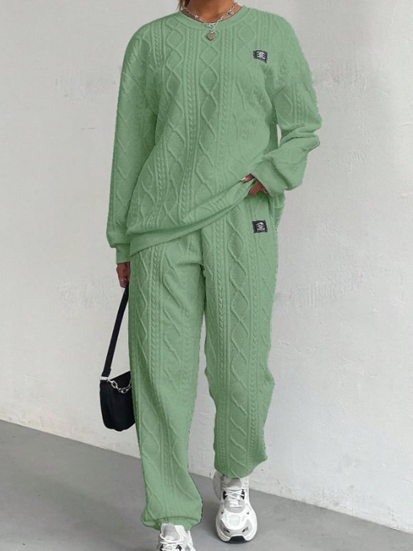 Women's Casual Solid Jacquard Textured Long Sleeve Sweatshirt Pants Matching Set