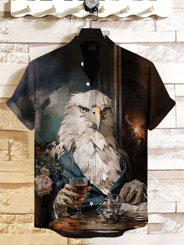 Men's Eagle Gentleman Drinking Art Print Linen Blend Shirt