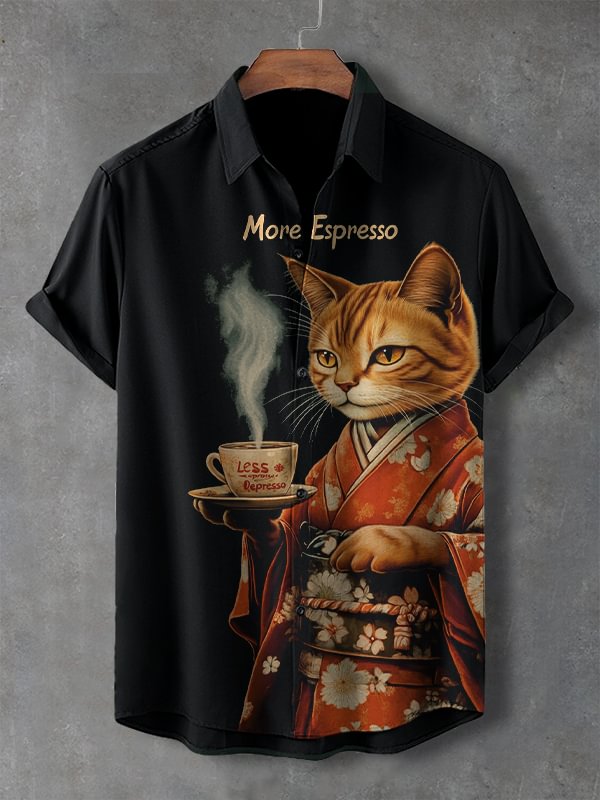 Men's More Espresso Less Depresso Cat Drinking Coffee Japanese Art Print Shirt