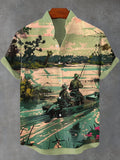 Men's Retro Outdoor Boat Fishing Natural Scenery Art Print Casual Shirt