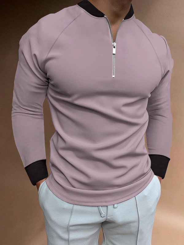Men's Casual Solid Color Raglan Sleeve Zipper Slim Shirt