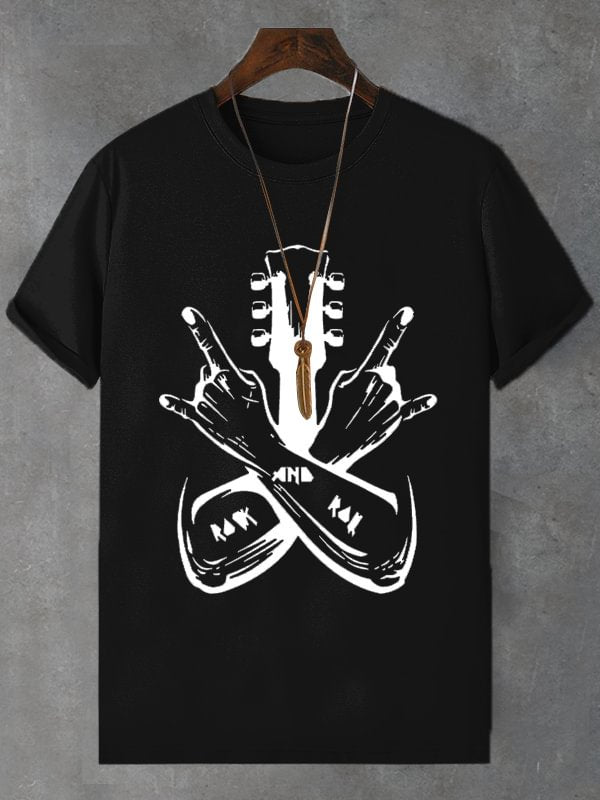 Men's Rock And Roll Guitar Graphic Print Cotton Casual T-Shirt