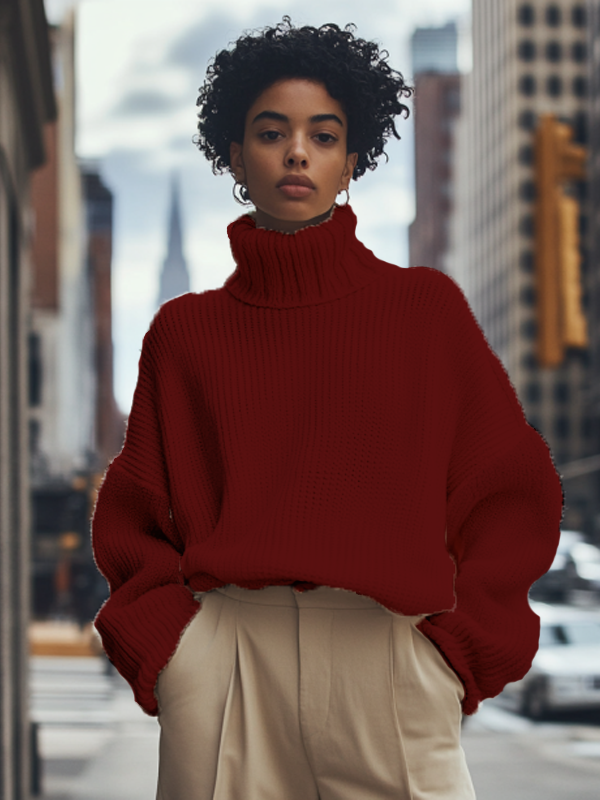 Women's Solid Color High Neck Knit Sweatshirt
