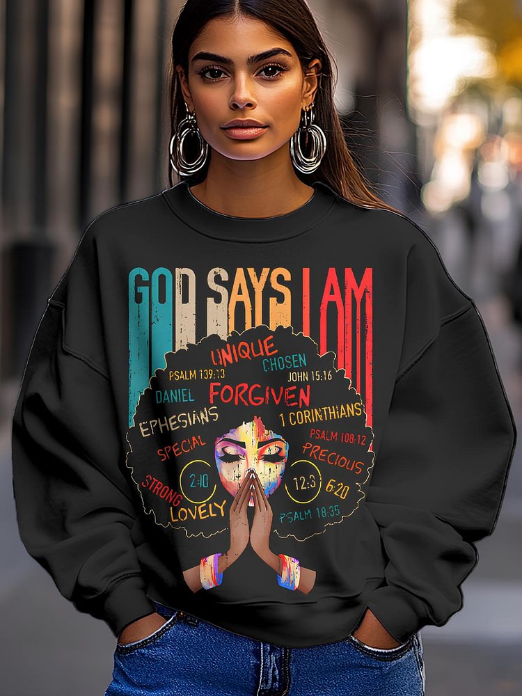 Women's Black Girl God Says I Am Black Melanin History Month Pride Print Cotton Long Sleeve T-Shirt Thin Sweatshirt