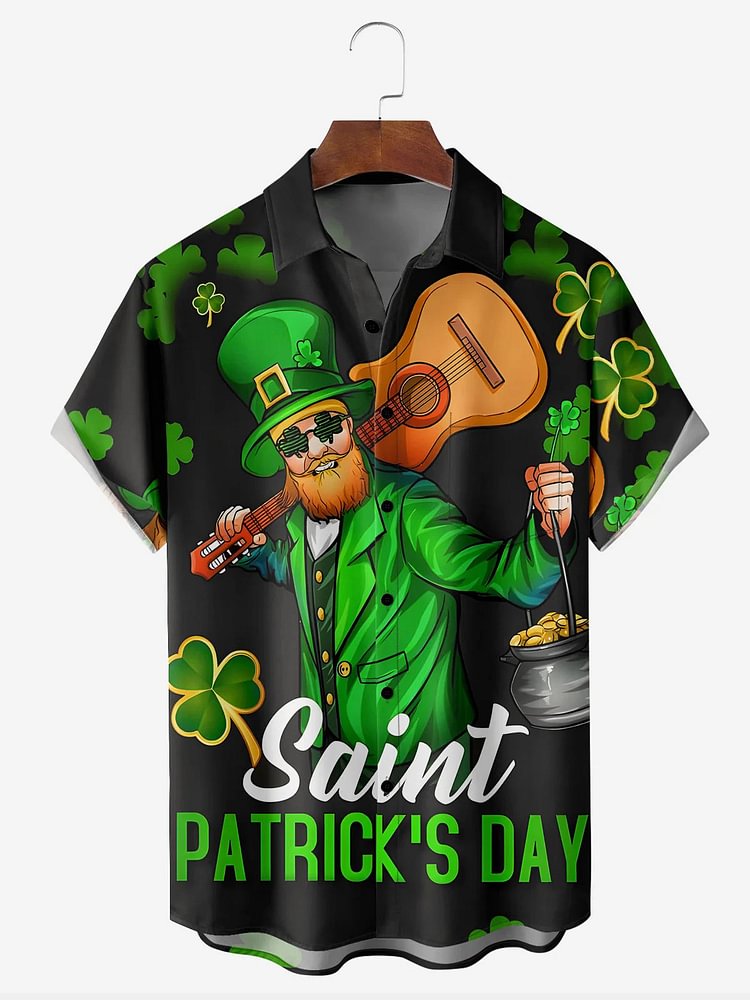 Men's Saint Patrick's Day Guitar Clover Print Short Sleeve Shirt