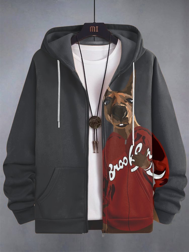 Men's Hip-hop Kangaroo Print Hooded Zip Up Jacket