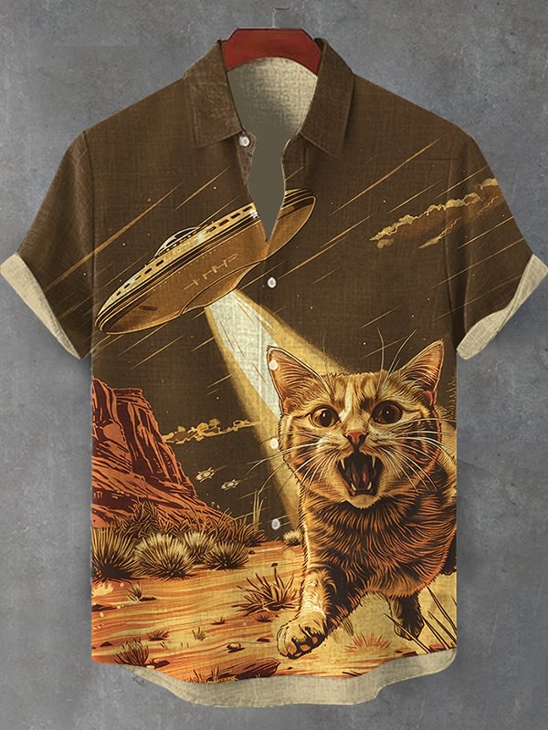 Men's UFO Tracking Cats Retro Future Art Print Shirt