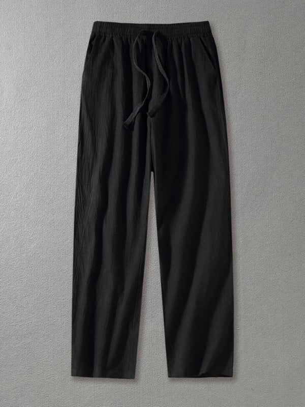 Men's Drawstring Elastic Waist Pocket Cotton Linen Casual Wide Leg Pants