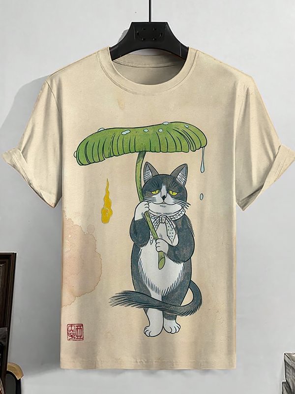 Men's Cat Holding Lotus Leaf Umbrella Japanese Art Print T-Shirt
