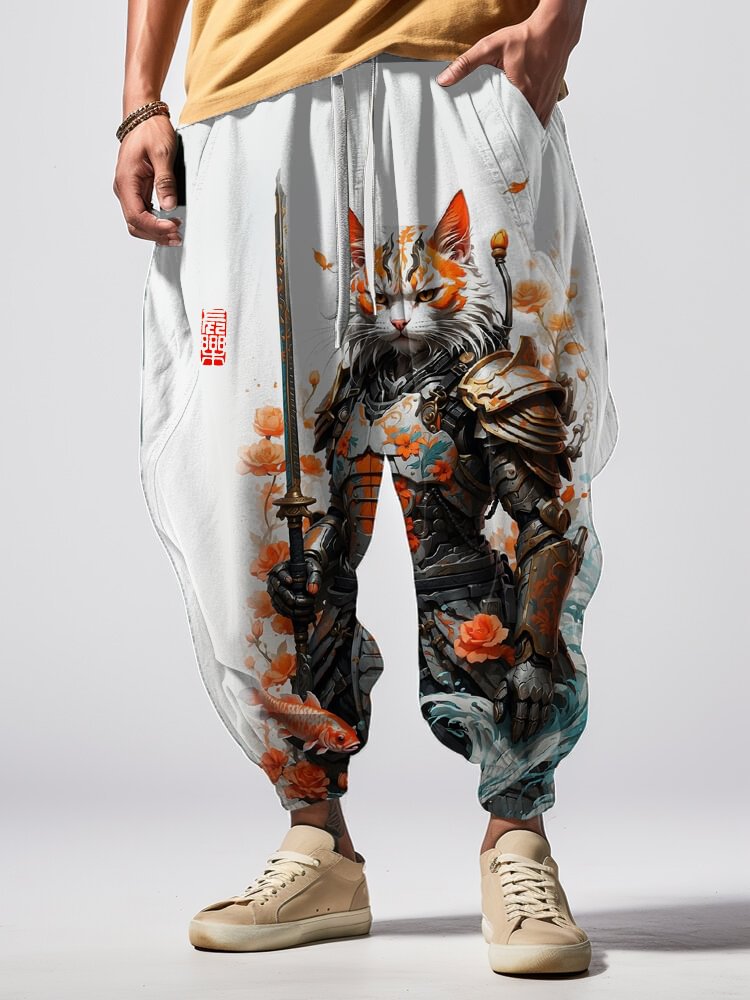 Men's Japan Lucky Koi Cat Shogun Art Print Casual Loose Sweatpants