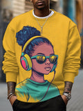 Men's Black Girl With Headphones Print Casual Sweatshirt