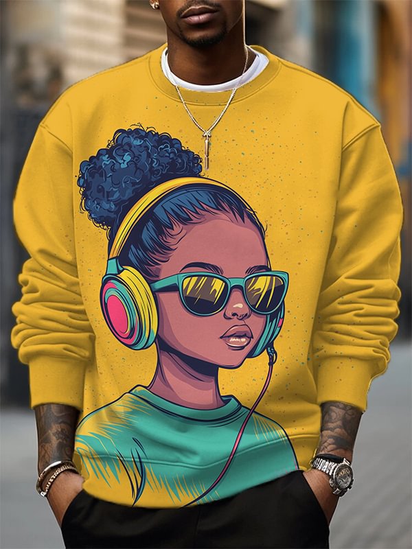 Men's Black Girl With Headphones Print Casual Sweatshirt
