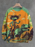 Men's Cowboy Alien Riding Dinosaur Surreal Art Print Knit Sweatshirt