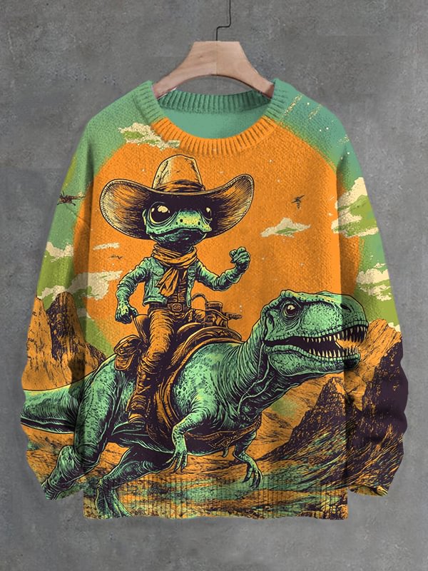 Men's Cowboy Alien Riding Dinosaur Surreal Art Print Knit Sweatshirt
