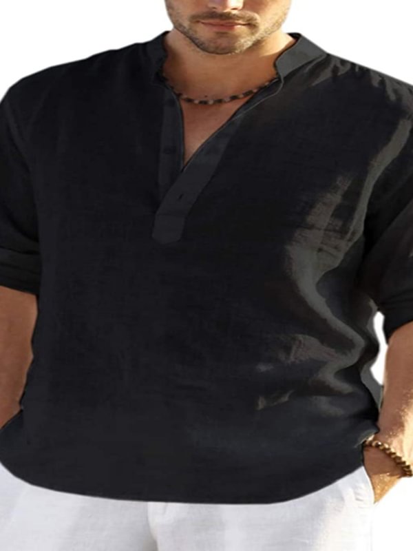 Men's Casual Half Button Long Sleeve Roll Tab Linen Shirt