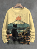 Men's Black Cat Sees Volcano Eruption Art Print Knit Sweatshirt