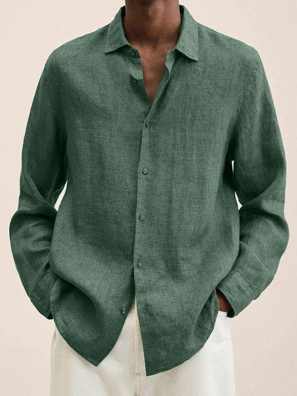 Men's Solid Turndown Collar Cotton And Linen Loose Shirt