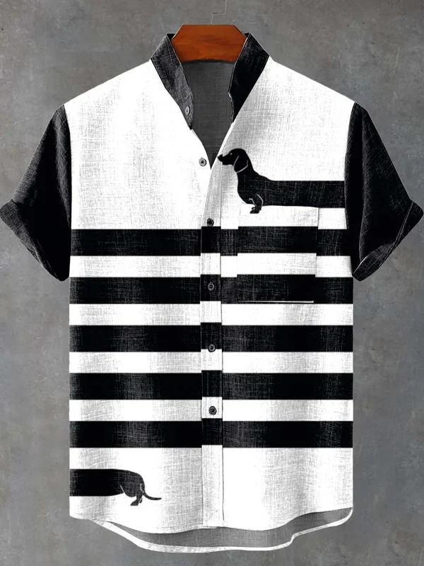 Men's Funny Long Black Dachshund Dog Print Casual Linen Blend Shirt