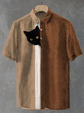 Men's Fun Hide And Seek Black Cat Print Half Button Casual Shirt