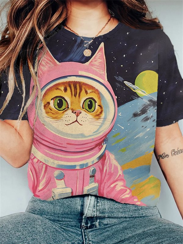 Women's Astronaut Cat Art Print Casual T-Shirt
