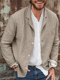 Men's Lapel Collar Button Up Long Sleeve Cotton Linen Plain Shirt
