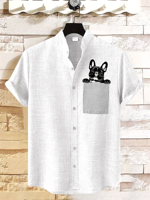 Men's Peekaboo French Bulldog Print Linen Blend Shirt