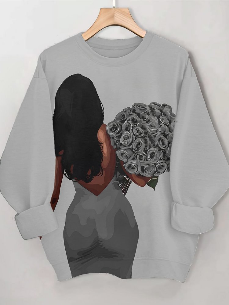 Women's Valentine's Day Girl and Rose Art Print Cozy Sweatshirt