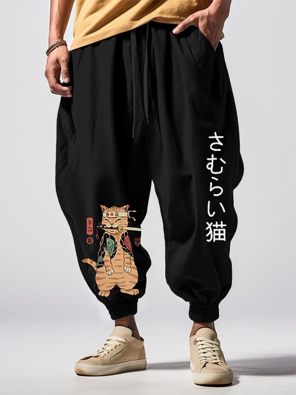 Men's Japanese Sushi Samurai Cat Print Casual Loose Sweatpants