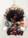 Women's Black Woman Wearing Kimono Print Casual Sweatshirt