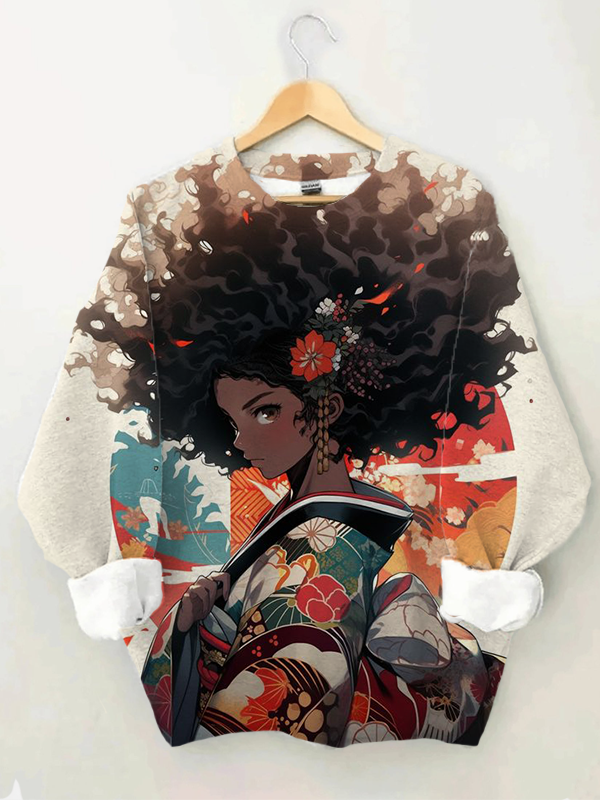 Women's Black Woman Wearing Kimono Print Casual Sweatshirt