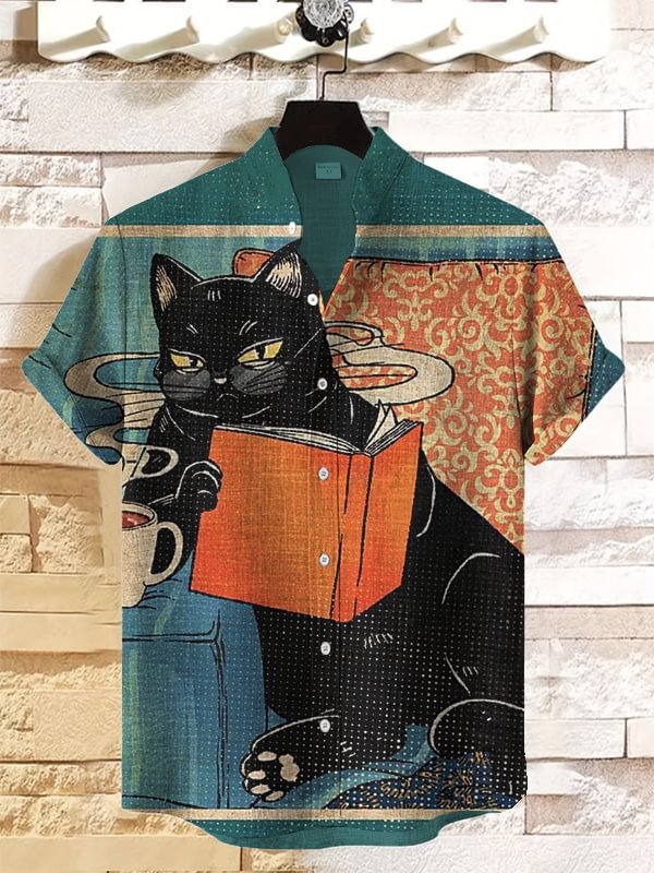 Men's Black Cat Reading Leisure Time Art Print Casual Shirt