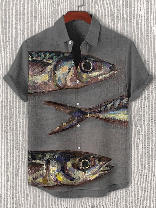 Men's Sardine Oil Painting Print Short Sleeve Shirt