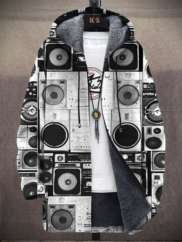Men's Vintage Music Speaker Print Hooded Trench Coat