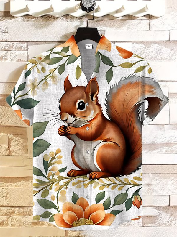 Men's Squirrel And Flowers Watercolor Art Print Casual Shirt