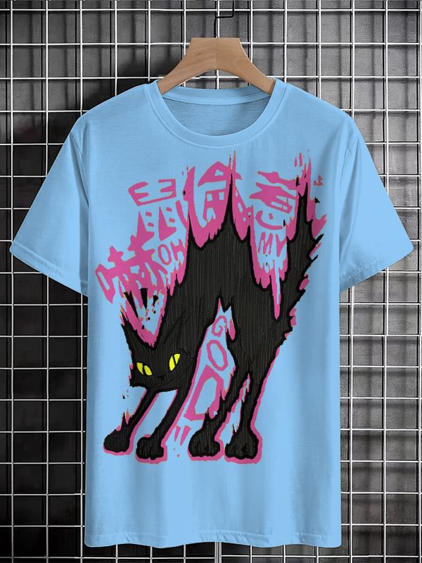 Men's Scared Black Cat Graphic Print Cotton Casual T-Shirt
