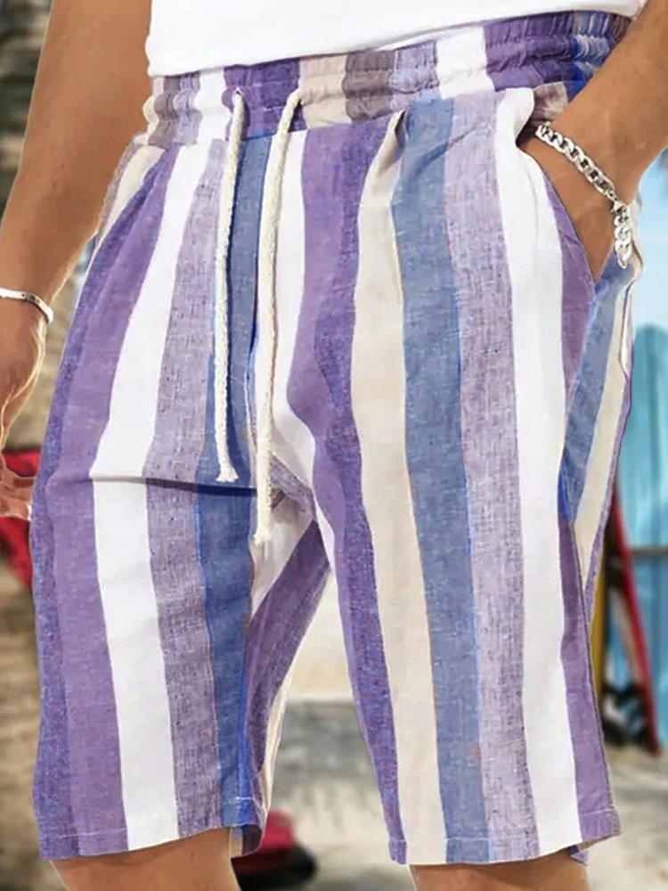Men's Slant Pocket Striped Print Drawstring Beach Shorts