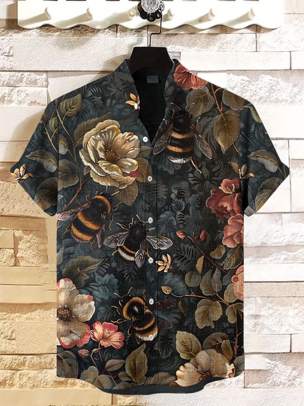 Men's Vintage Bumblebee Farmhouse Cottagecore Art Print Linen Blend Shirt