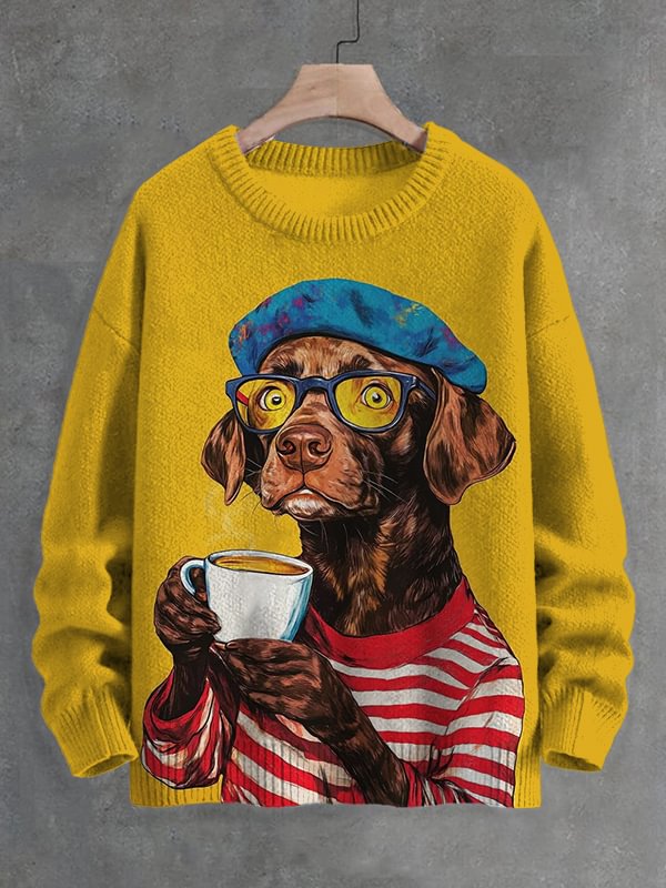 Men's Dog Drinking Coffee Print Knit Sweatshirt