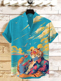 Men's Tiger Drinking At The Seaside Art Print Short Sleeve Casual Shirt