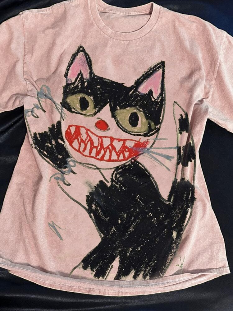 Men's Horror Cat Crayon Art Print Casual T-Shirt