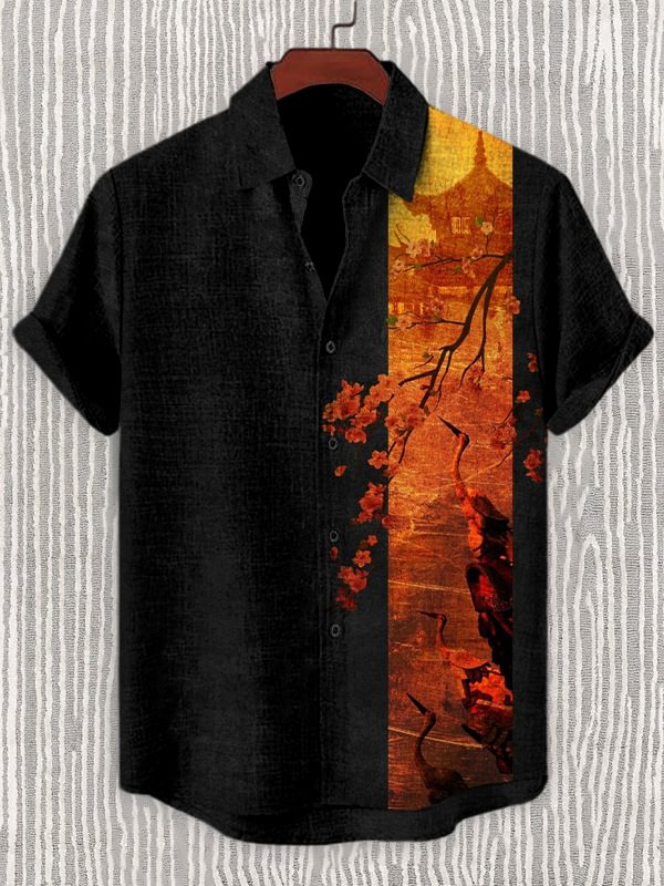 Men's Retro Cherry Blossoms And Cranes Art Print Linen Blend Shirt