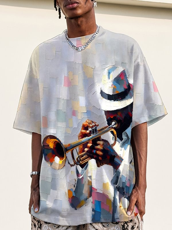 Men's Gentleman Black Play Jazz Oil Painting Print Casual T-Shirt