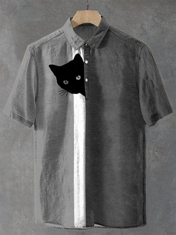 Men's Fun Hide And Seek Black Cat Print Half Button Casual Shirt