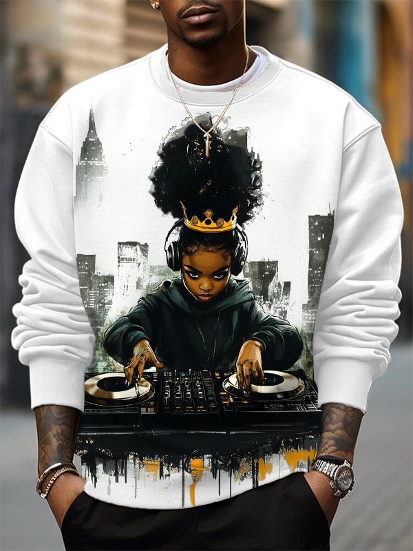 Men's Black Queen DJ Girl Music Lover Art Print Casual Sweatshirt