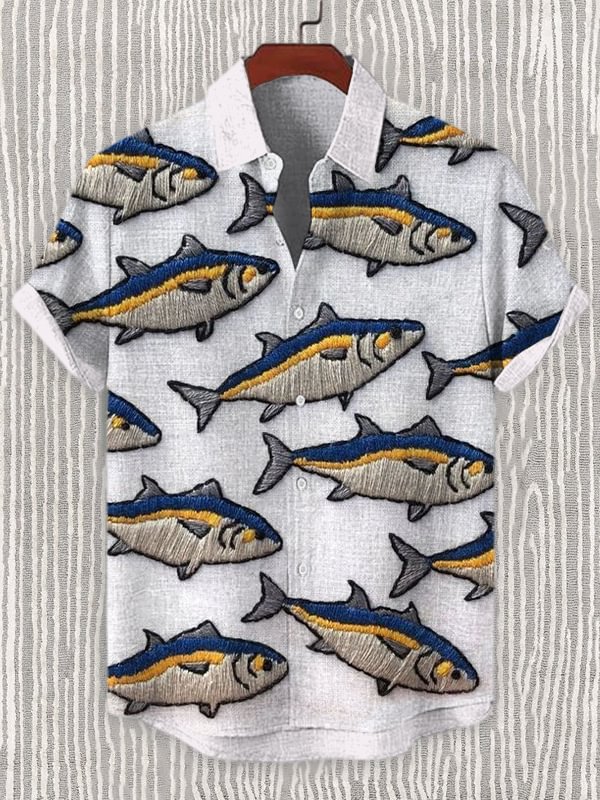 Men's Fish School Embroidery Art Pattern Print Linen Blend Shirt