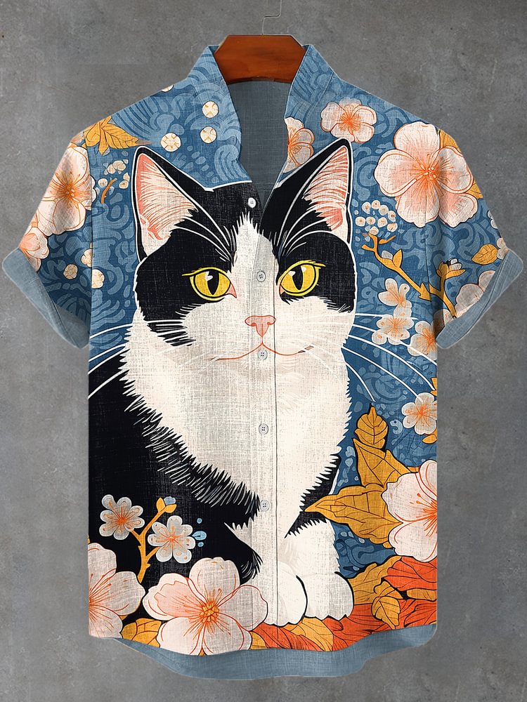 Men's Cute Bicolor Cat Floral Art Print Casual Shirt