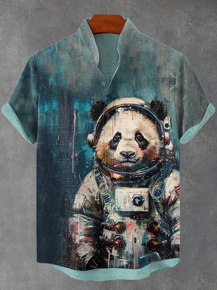 Men's Cool Panda Astronaut Oil Painting Print Casual Shirt