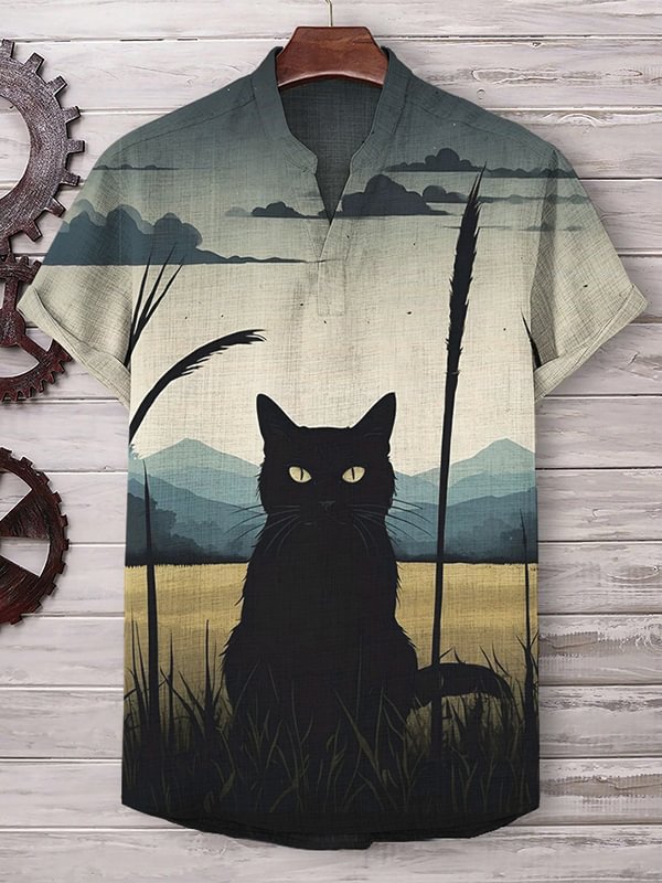 Men's Black Cat Grassland Landscape Art Print Linen Blend V Neck T-Shirt